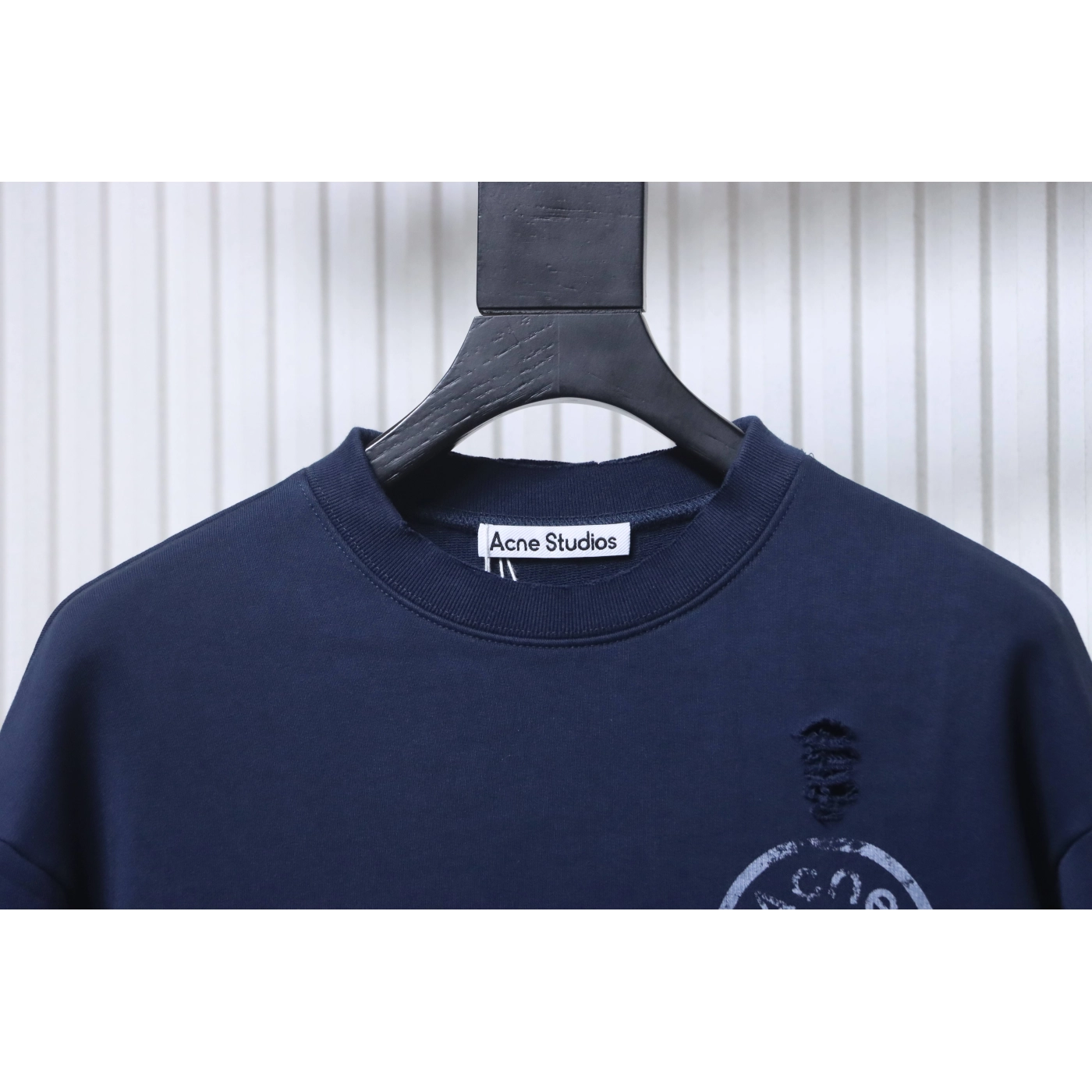 Acne Studios Distressed Crewneck Hoodie with Patch Navy Blue