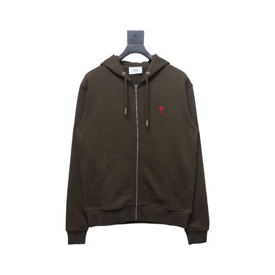 AMI Paris Ami de Coeur Cotton Zip Hoodie Dark Brown