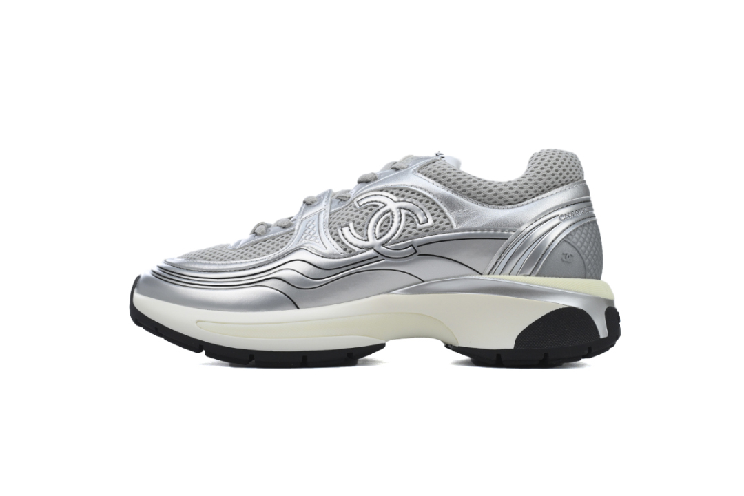 Chanel Fabric Laminated Low Top Sneakers Silver