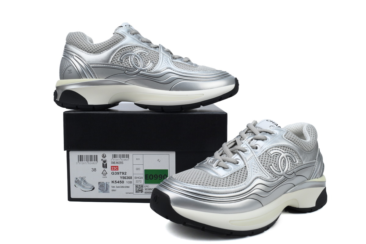 Chanel Fabric Laminated Low Top Sneakers Silver