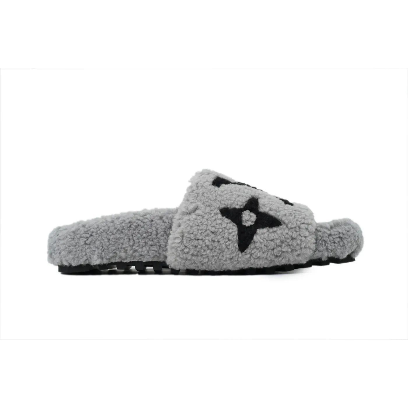 Louis Vuitton Bom Dia Shearling Flate Slippers Dark Gray